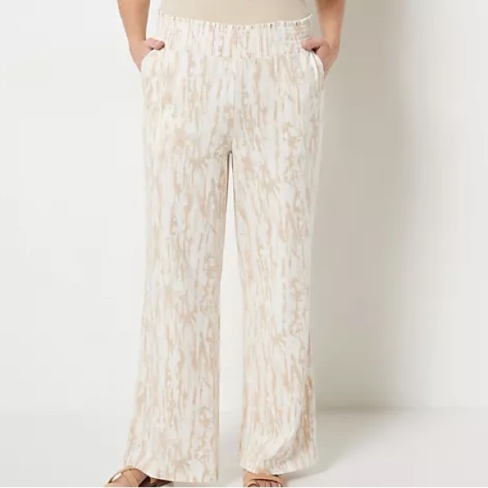 Belle Beach by Kim Gravel  Smocked Waist Wide Leg Pant M Cream Beige Lounge
